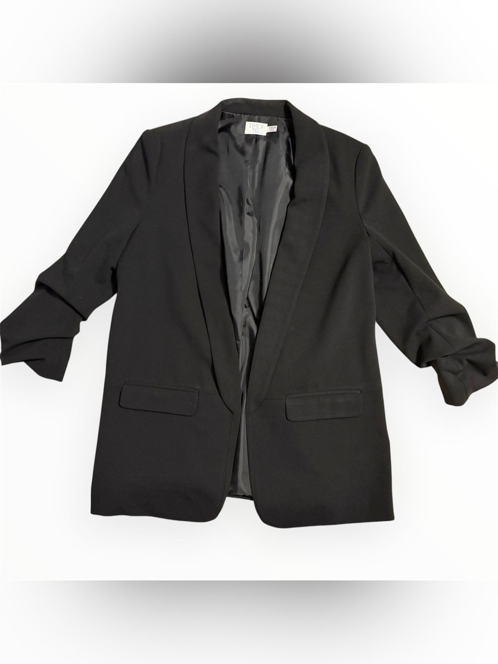 Time and Tru Women's Open-Front Ruched Sleeve Blazer in Black